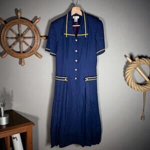 Talbots's VTG Women's 4 Navy Blue & Gold Nautical Linen Blend S/S Midi Dress